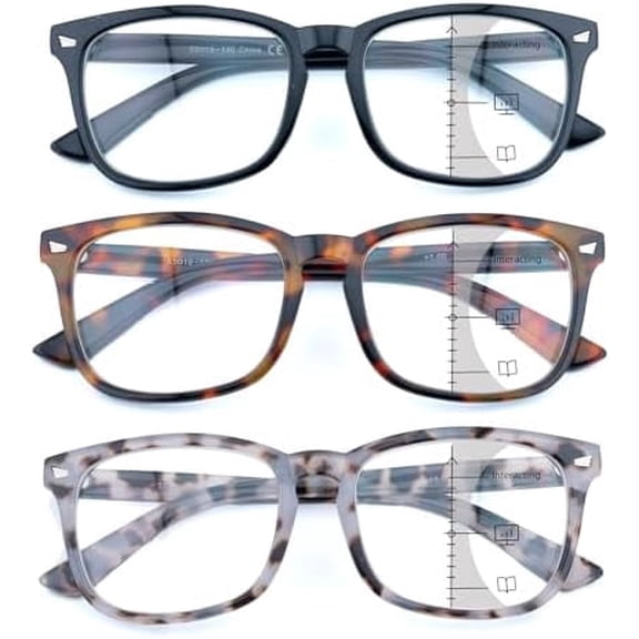 3 Pack Progressive Multifocus Reading Glasses for Women Men Multifocal Readers PC Frame Fixed Hinge Eyewear, +3.00