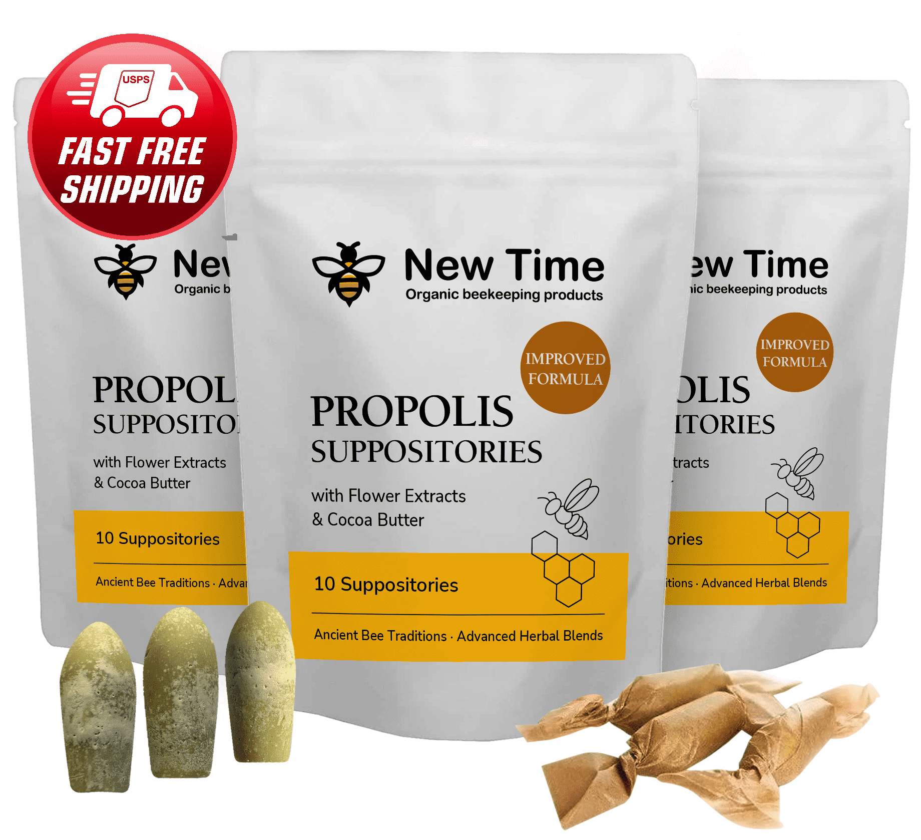 3-Pack Propolis & Manuka Honey Suppositories, Clean Botanical Formula for Men & Women