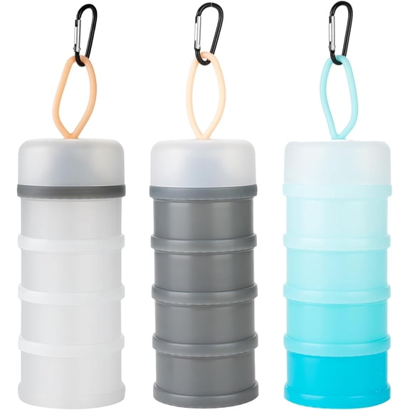 3 Pack Protein Powder Travel Container 4 Stackable Formula Containers to Go Portable Keychain Formula Dispenser with Funnel Stand for Workout, Fitness, Travel (Gray,White,Blue)
