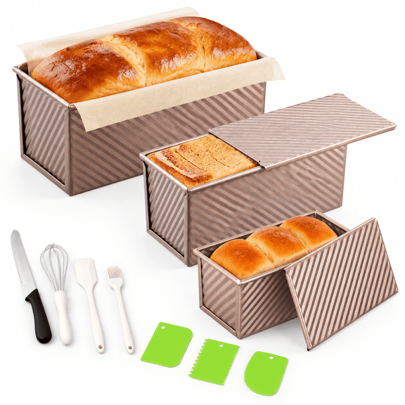 3 Pack Pullman Loaf Pan With Lids Non-stick Bread Heavy Duty Carbon Steel Corrugated Toast Box For Baking Square Pans Homemade Sa