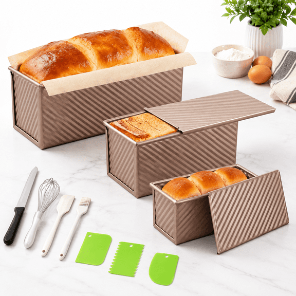 3 Pack Pullman Loaf Pan With Lids Non-stick Bread Heavy Duty Carbon Steel Corrugated Toast Box For Baking Square Pans Homemade Sa
