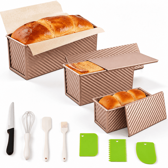 3 Pack Pullman Loaf Pan With Lids Non-stick Bread Heavy Duty Carbon Steel Corrugated Toast Box For Baking Square Pans Homemade Sa