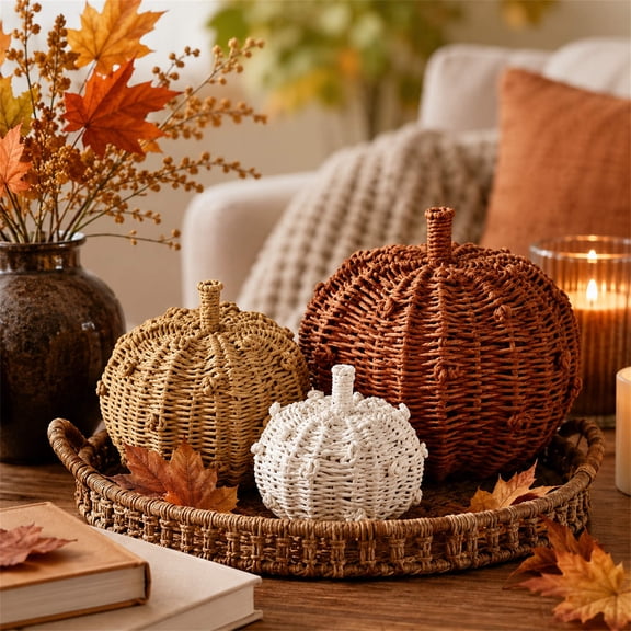 3 Pack Pumpkin Fall Decor, Woven Wicker Pumpkins for Home, Cattail Material, Farmhouse Style, Autumn Thanksgiving Decorations, Fall Centerpieces for Table Porch Mantel Indoor