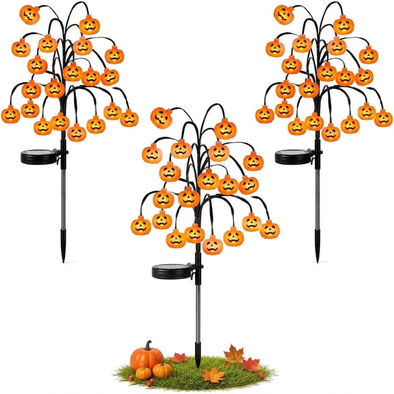 3 Pack Pumpkin Solar Stake Lights, 20 LED Solar Pumpkin Tree Lights Outdoor Decorative - Waterproof Fall Solar Lights for Yard Garden Patio Porch