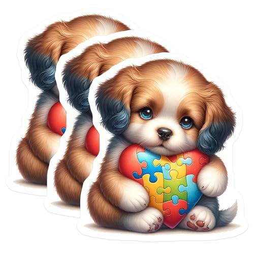 (3 Pack) Puppy Autism Decals - Heart Puzzle Decal - Laptop Decal - 3 Inches On Longest Side - Easy Peel & Apply - Made in USA - 3MCS8238
