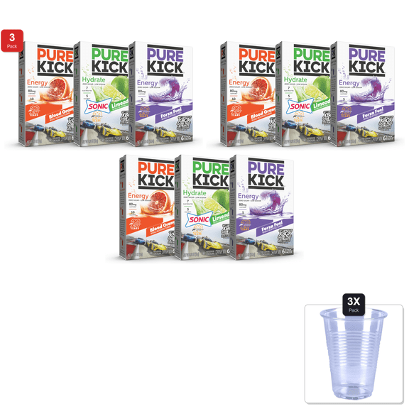 3 Pack | Pure Kick Forza Fuel Energy, Blood Orange Energy & Sonic Limeade Hydration Singles To Go Drink Mix – 3 / 6Ct Boxes - 18 Total Packets & 3x 9oz Disposable Plastic Cups