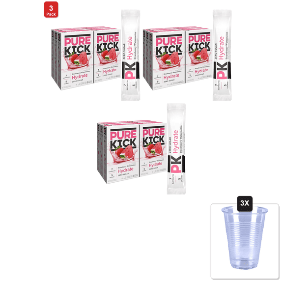 3 Pack | Pure Kick Hydration Singles To Go Drink Mix Strawberry Watermelon, 6 Boxes With 6 Packets Each -36 Total Servings & 3x 16oz Plastic Cup with Strawless Sip-Lid
