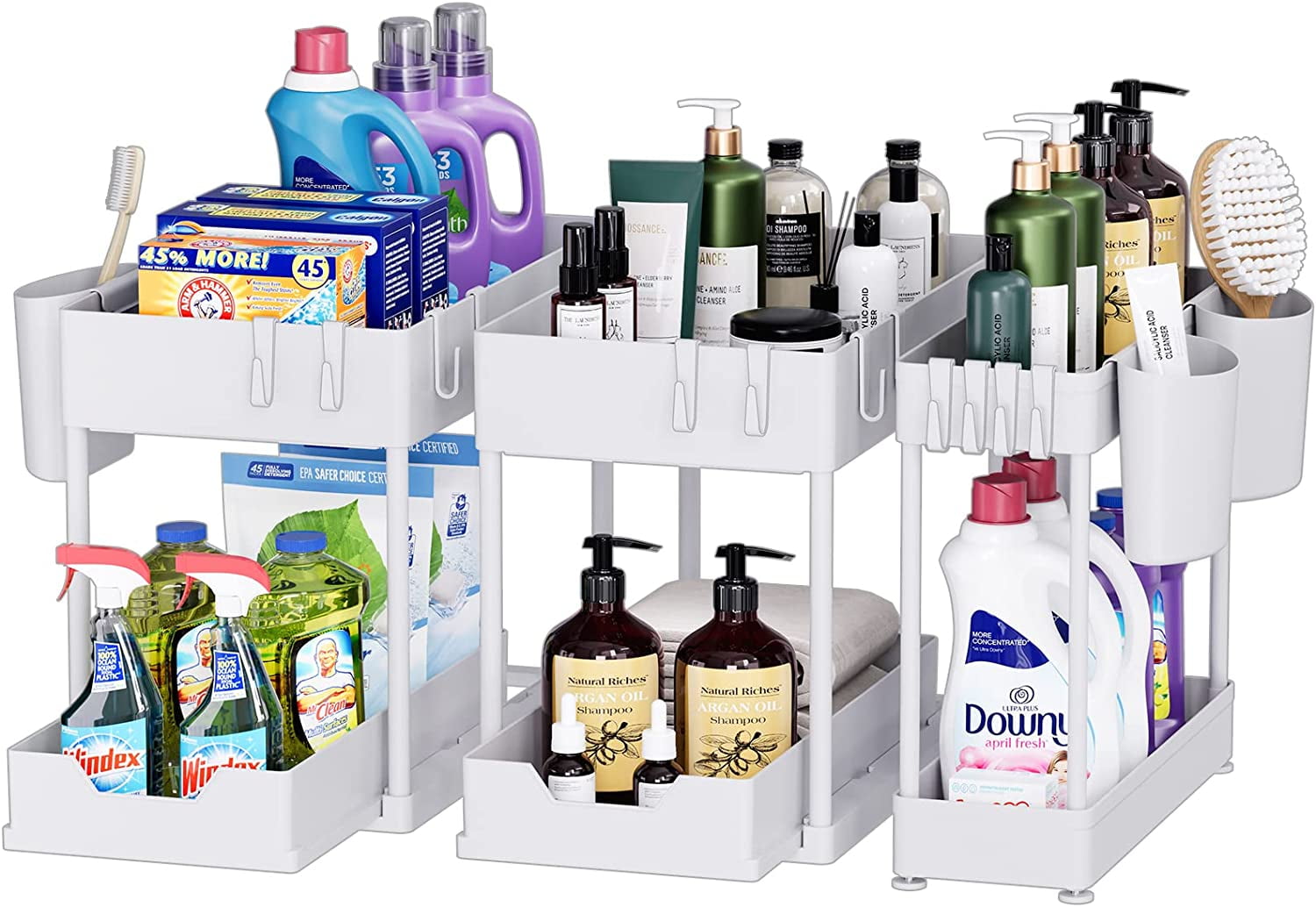 3 Pack Puricon Under Sink Organizer Pull Out Under Sink Storage, 2 Tier Multi-Purpose Sliding Under the Sink Organizer Bathroom Kitchen Sink Organizer Under Cabinet Shelf for Cleaning Supplies -White