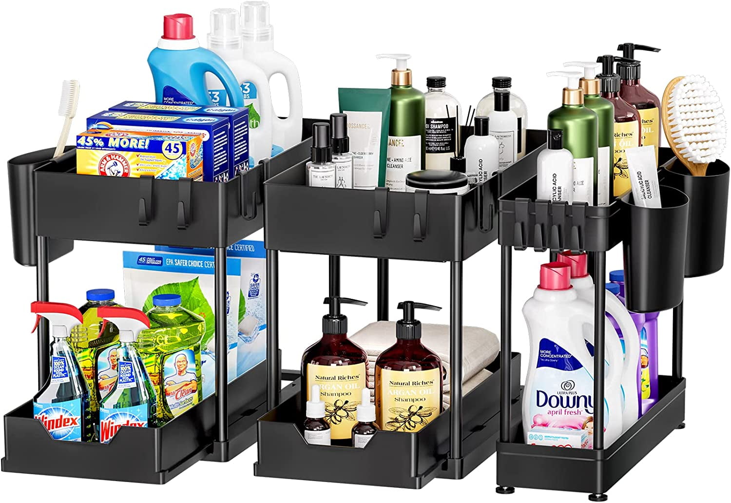3 Pack Puricon Under Sink Organizer Pull Out Under Sink Storage, 2 Tier Multi-Purpose Sliding Under the Sink Organizer Bathroom Kitchen Sink Organizer Under Cabinet Shelf for Cleaning Supplies -Black