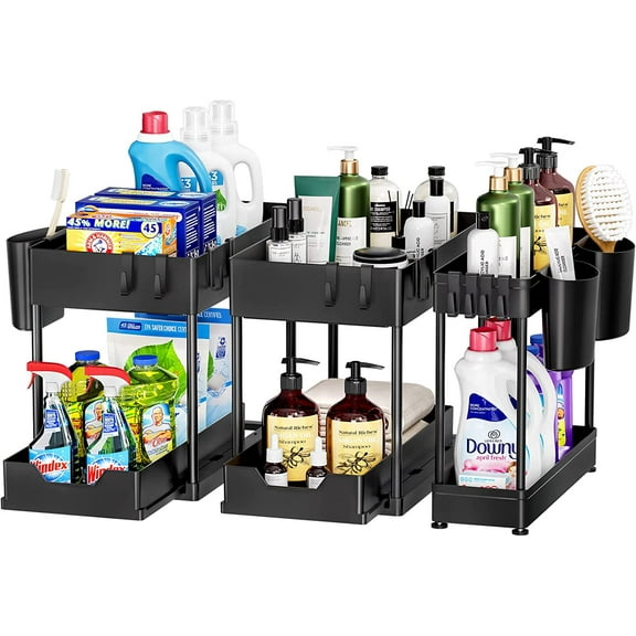 3 Pack Puricon Under Sink Organizer Pull Out Under Sink Storage, 2 Tier Multi-Purpose Sliding Under the Sink Organizer Bathroom Kitchen Sink Organizer Under Cabinet Shelf for Cleaning Supplies -Black