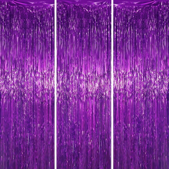 3 Pack Purple Metallic Tinsel Foil Fringe Curtains, Black Foil Curtain Backdrop, Photo Booth Props for Birthday Wedding Baby Shower Bachelorette Xmas Celebration Party Decorations Door Streamers