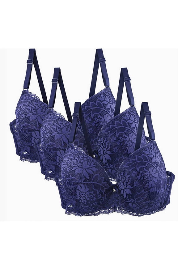 3 Pack Push Up Lace Bras for Women Full Coverage Plus Size Bralettes No Underwire Supportive C Cup Everyday Bras Blue, 36/80C