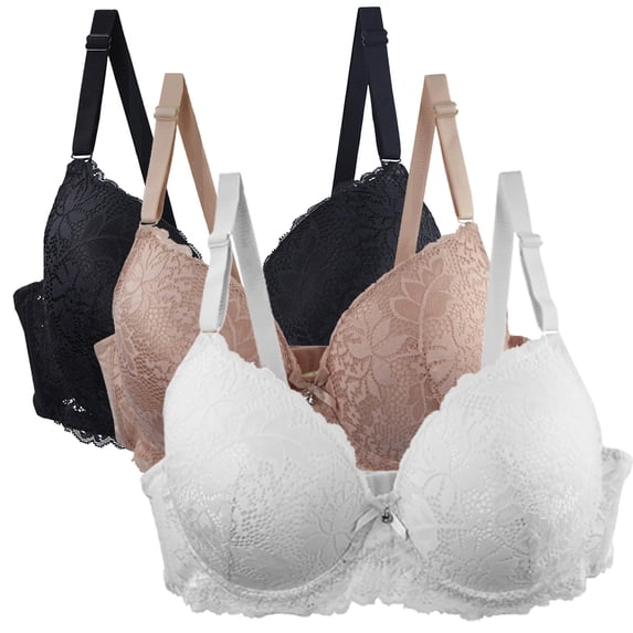 3 Pack Push Up Lace Bras for Women Full Coverage Plus Size Bralettes No Underwire Supportive C Cup Everyday Bras Multicolor, 36/80C
