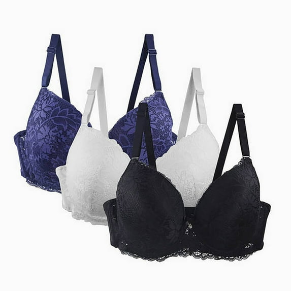 3 Pack Push Up Lace Bras for Women Full Coverage Plus Size Bralettes No Underwire Supportive C Cup Everyday Bras Multicolor, 44/100C