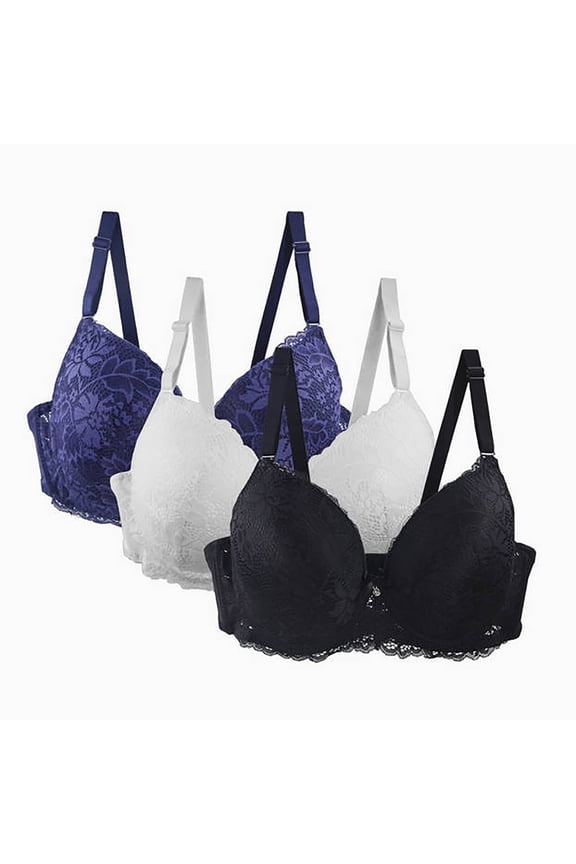 3 Pack Push Up Lace Bras for Women Full Coverage Plus Size Bralettes No Underwire Supportive C Cup Everyday Bras Multicolor, 44/100C