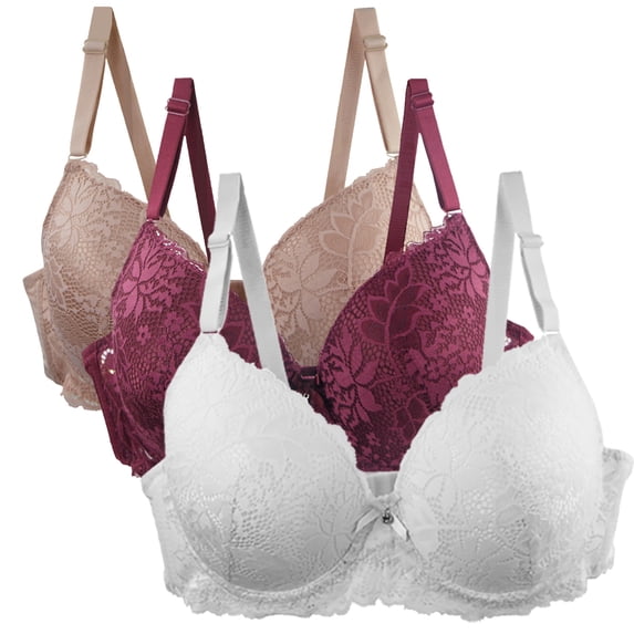 3 Pack Push Up Lace Bras for Women Full Coverage Plus Size Bralettes No Underwire Supportive C Cup Everyday Bras Multicolor, 46/105C