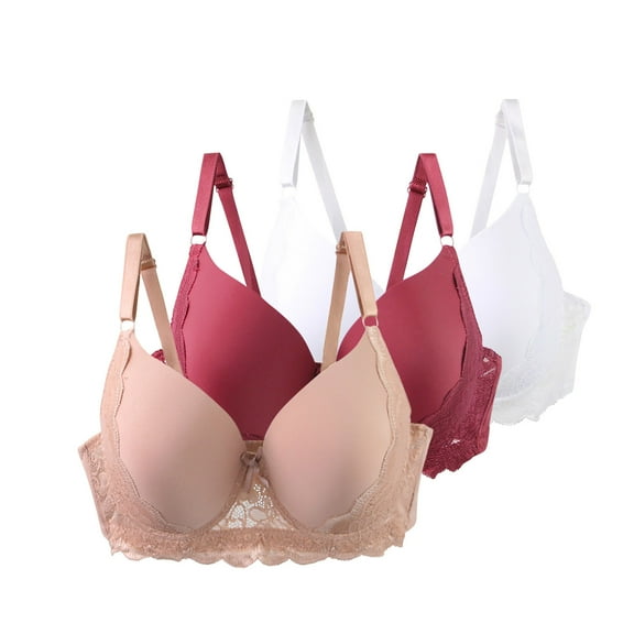 3 Pack Push-Up Underwire Bras Womens Floral Lace Full Coverage Bralette Underwear Adjustable Strap Supportive T-Shirt Bras, 44/100C