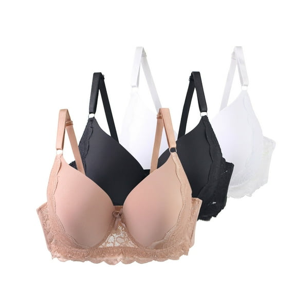 3 Pack Push-Up Underwire Bras Womens Floral Lace Full Coverage Bralette Underwear Adjustable Strap Supportive T-Shirt Bras, 44/100C