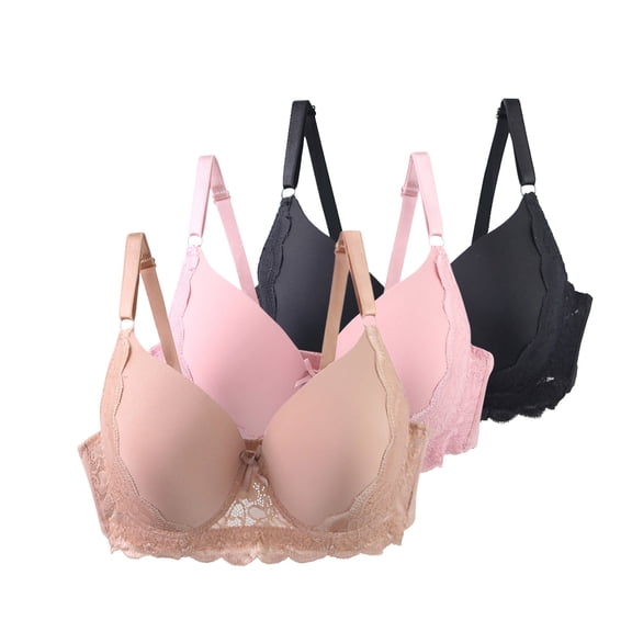 3 Pack Push-Up Underwire Bras Womens Floral Lace Full Coverage Bralette Underwear Adjustable Strap Supportive T-Shirt Bras, 48/110C