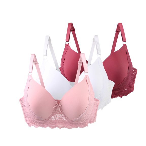 3 Pack Push-Up Underwire Bras Womens Floral Lace Full Coverage Bralette Underwear Adjustable Strap Supportive T-Shirt Bras, 48/110C