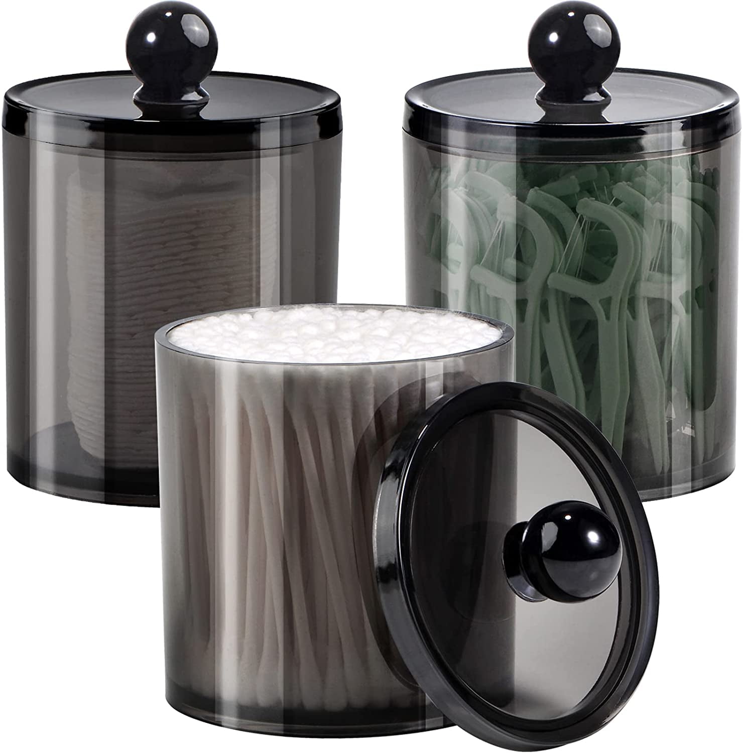 3 Pack Qtip Dispenser Apothecary Jars Bathroom with Labels-12 oz Black Plastic Qtip Holder Storage Set for Cotton Ball,Cotton Swab,Cotton Rounds,Floss Picks, Hair ClipsHair Ties