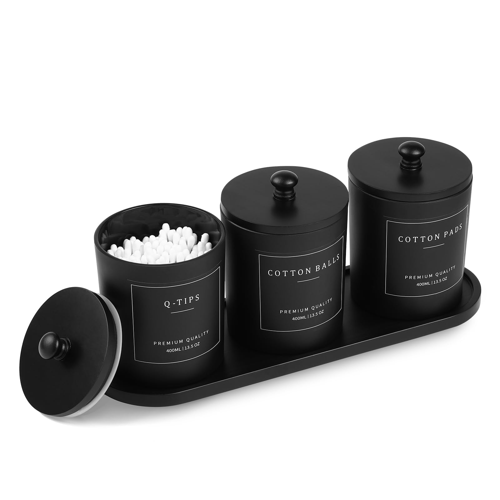 3 Pack Qtip Holder - Bathroom Organizers And Storage  Cotton Round Swab Ball Dispenser With Tray Glass Jars Lids Floss Pick Containers -black Black