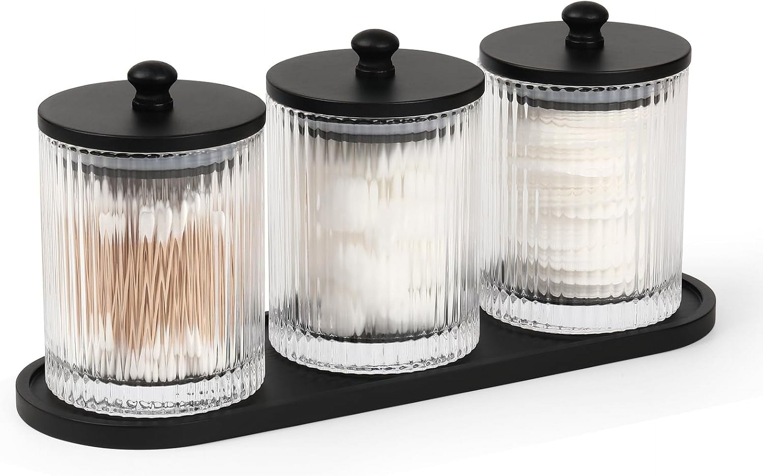 3 Pack Qtip Holder - Bathroom Organizers and Storage, Cotton Round Floss Pick Ball Swab with Tray, Glass Apothecary Jars Lids Container Set -sw clear b