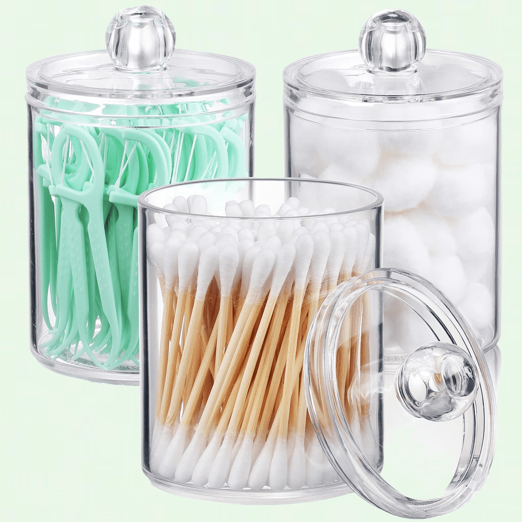 3 Pack Qtip Holder Dispenser, 10oz Clear Plastic Apothecary Jars for Bathroom Storage and Makeup Organization