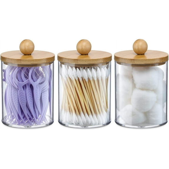 3 Pack Qtip Holder Dispenser with Bamboo Lids - 10 oz Clear Plastic Apothecary Jar Containers for Vanity Makeup Organizer Storage - Bathroom Accessories Set for Cotton Swab, Ball, Pads, Floss