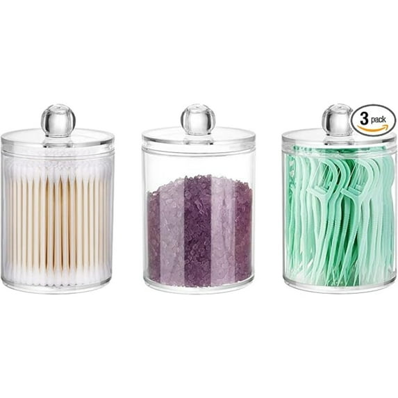3 Pack Qtip Holder Storage Canister for Cotton Ball, Cotton Swab, Pads, Floss; 10-Ounce Clear Plastic Apothecary Jar with Lid, Bathroom Makeup Organizer (3)