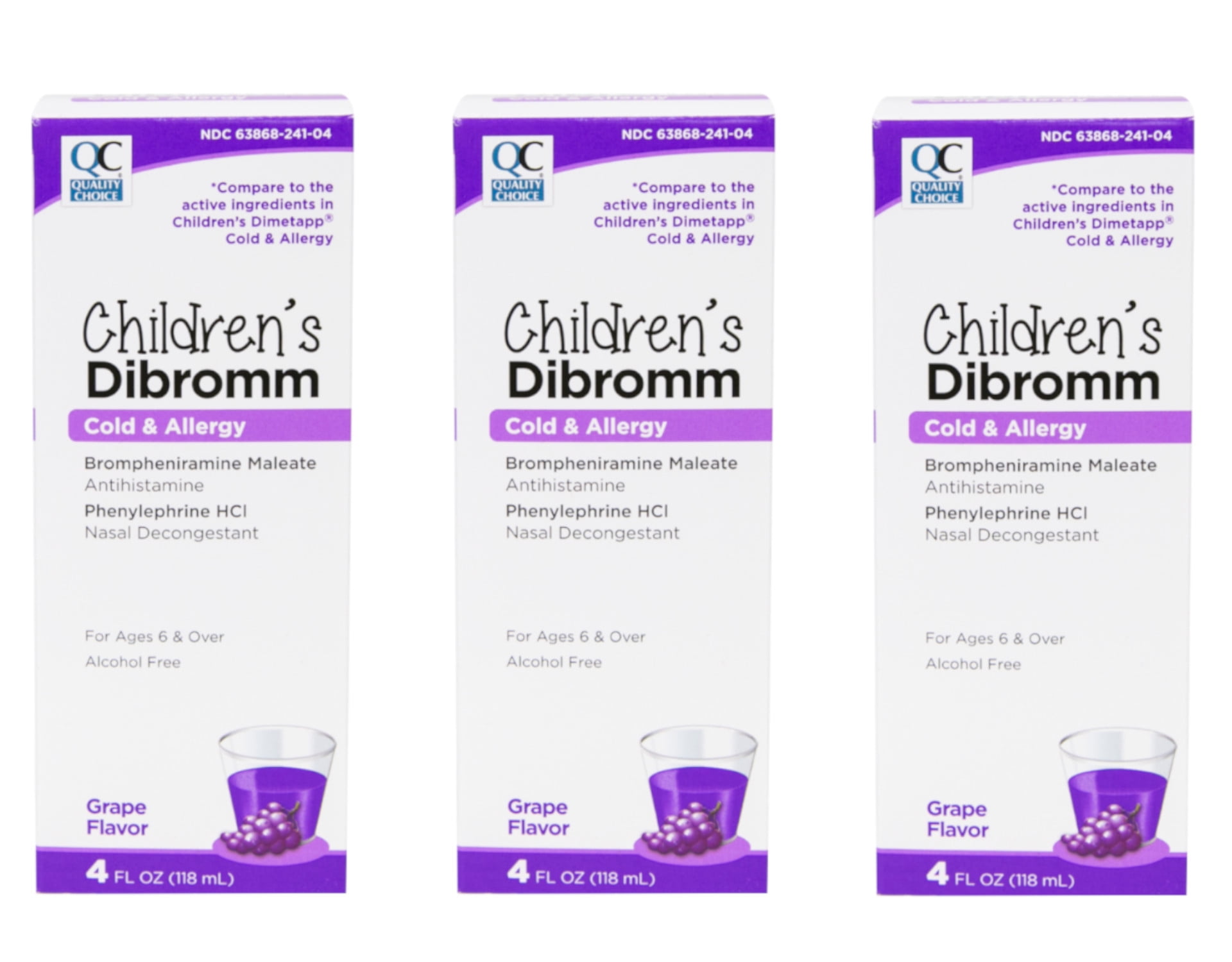 3 Pack - Quality Choice Children's Dibromm Cold & Allergy Liquid Grape 4 fl oz Each