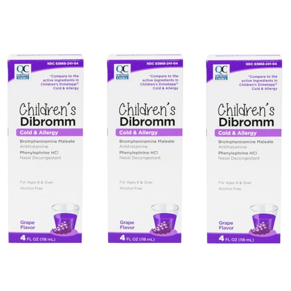 3 Pack - Quality Choice Children's Dibromm Cold & Allergy Liquid Grape 4 fl oz Each