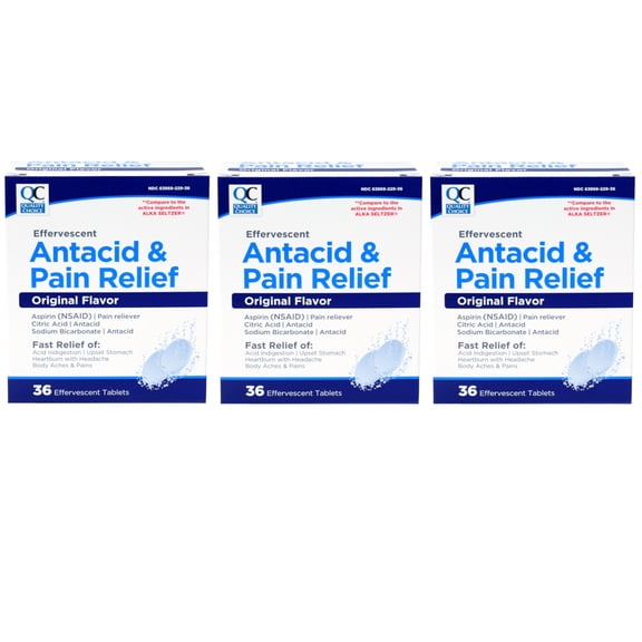 3 Pack Quality Choice Effervescent Pain Relief Antacid Tablets 36 Count Each