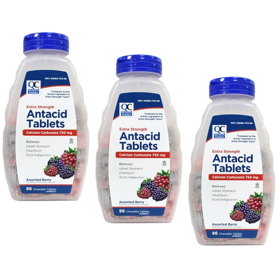3 Pack Quality Choice Extra Strength Assorted Berries Antacid Chewable 96 Each