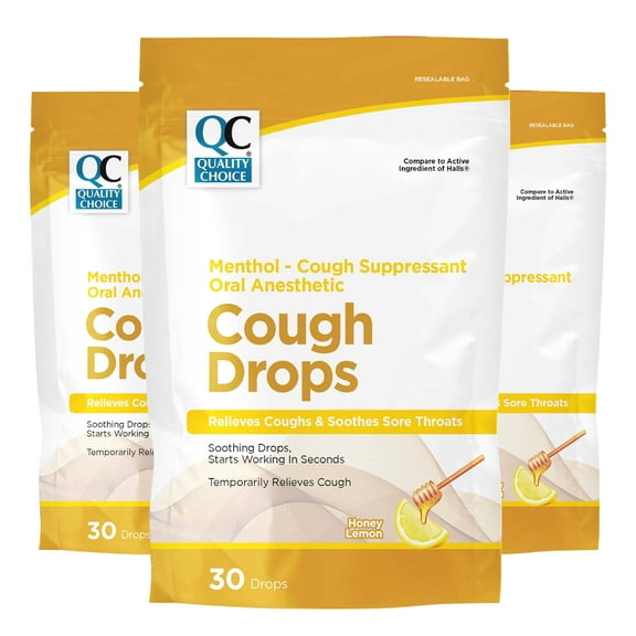 3 Pack - Quality Choice Honey Lemon Flavor Cough Drops, 30 Count Bag, Menthol Cough Suppressant and Oral Anesthetic, Suitable for Adults and Children Over 5 Years, Cold and Flu Relief, Cold Medicine
