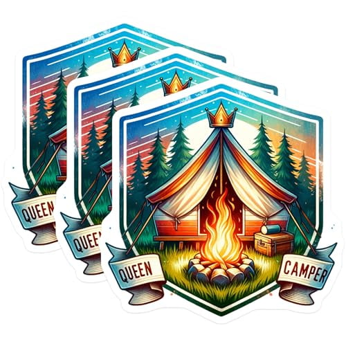 (3 Pack) Queen Camper Decals - Camping Tent Sticker - Bonfire Campfire Decals- 3 Inches On Longest Side - Easy Peel & Apply - Made in USA - 3MCS5560
