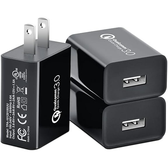 [3-Pack] Quick Charge 3.0, YJJSKEJI 18W 3A USB Wall Charger QC 2.0/3.0 Adapter Fast Charger Block Compatible for Wireless Charger, iPhone iPad, Samsung S10/S9/S8/Note 9/8, LG G5, HTC 10 (Black)