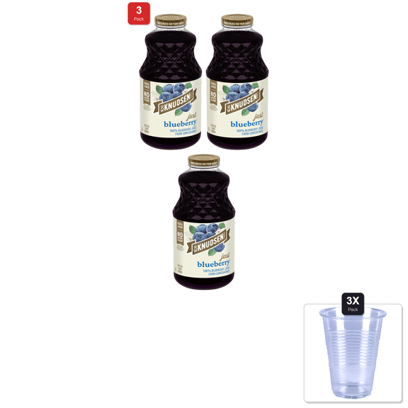 3 Pack | R.W. Knudsen Family Just Blueberry Juice, 32 Ounces & 3x Disposable Cup