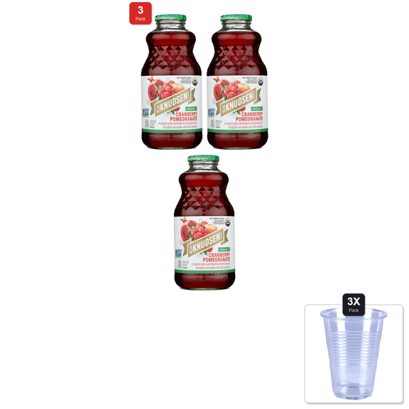 3 Pack | R.W. Knudsen Family Organic Cranberry Pomegranate Juice Blend, 32 Ounces & 3x Disposable Cup