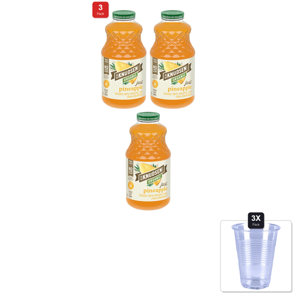 3 Pack | R.W. Knudsen Organic Just Pineapple Juice, 32 Ounces & 3x Disposable Cup