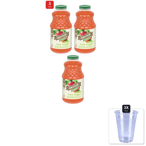 3 Pack | R.W. Knudsen Organic Very Veggie Low Sodium Vegetable Juice Blend, 32 Ounces & 3x Disposable Cup