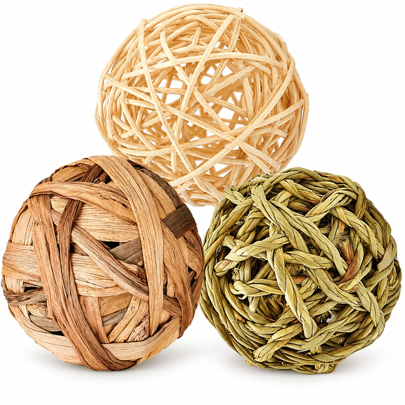 3-Pack Rabbit Chew Balls, Handwoven Seagrass, Water Hyacinth and Rattan Toys for Bunny, Guinea Pig, Hamster, Gerbil and Rat