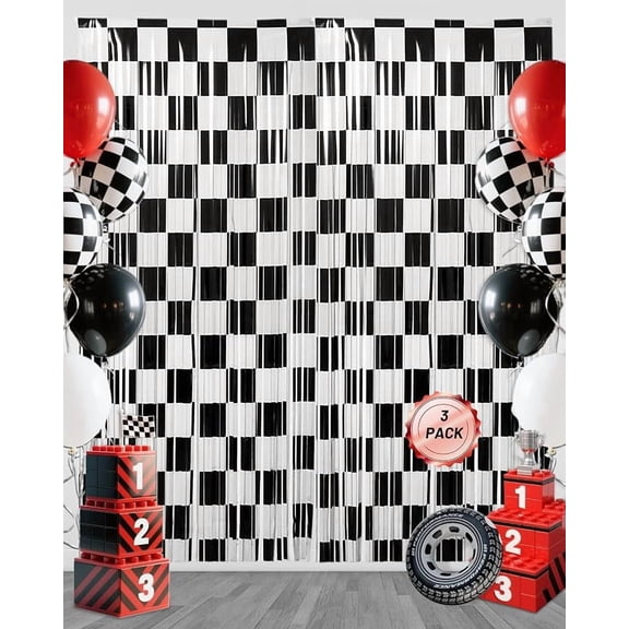 3 Pack Race Car Foil Fringe Curtains 3.3 x 6.6 Feet Black White Racing Theme Backdrop