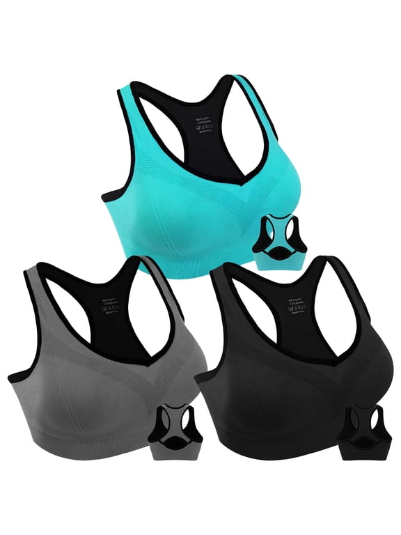 3 Pack Racerback Sports Bras, Seamless High Impact Bra with Pad for Women Yoga Gym Workout Fitness, XL Size (Blue, Black, Gray)
