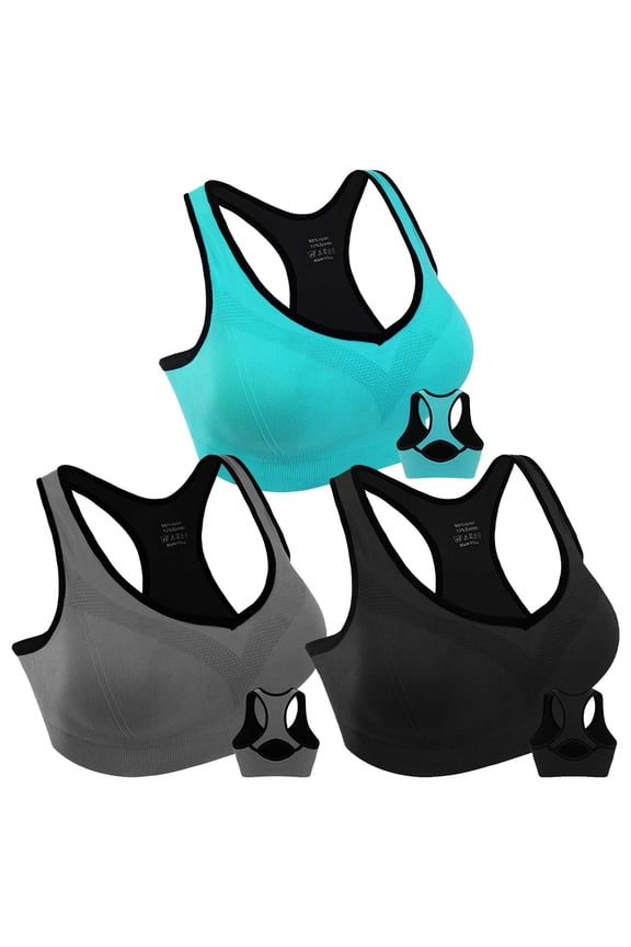 3 Pack Racerback Sports Bras, Seamless High Impact Bra with Pad for Women Yoga Gym Workout Fitness, XL Size (Blue, Black, Gray)