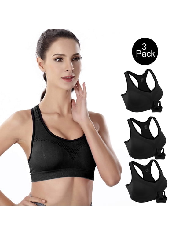 3 Pack Racerback Sports Bras, Seamless High Impact Bra with Pad for Women Yoga Gym Workout Fitness, XXL Size (Black)
