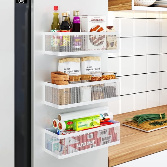 3 Pack Rack for Refrigerator, Heavy Duty White Metal Fridge Organizers & Storage Baskets, Multi-use Shelves for Kitchen Organization, Pantry, Laundry Room & Bathroom Storage