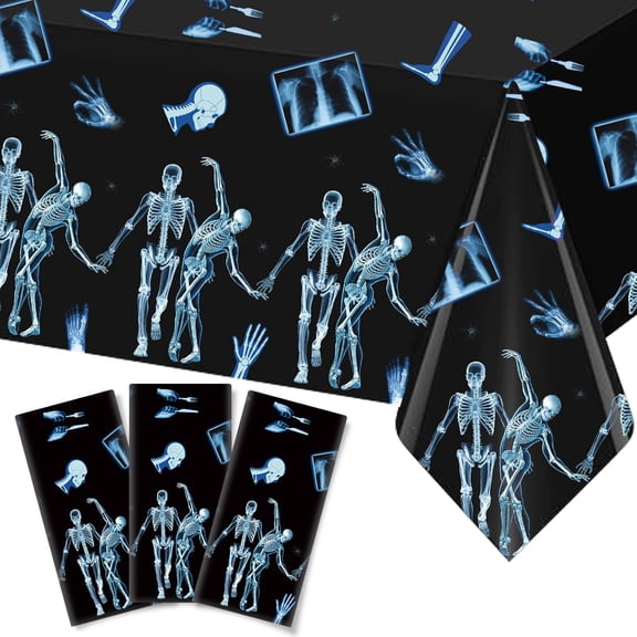 3 Pack Radiology X Ray Theme Disposable Tablecloths Plastic, 54 x 108 Inch | Halloween Funny Dancing Skeleton Table Cover Waterproof Table Cloth for Medical Party Radiology Doctor Birthday Graduation
