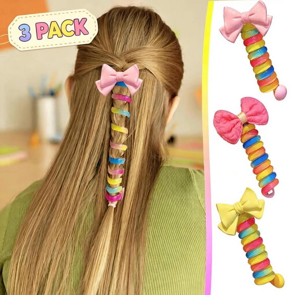 3 Pack Rainbow Bow Spiral Telephone Cord Hair Ties, Non Slip Stretch Coil Ponytail Holders, No Hair Damage Water Resistant Hair Bands, Decor Hair Accessories for Ages 6+ Daily Hairstyle Styling