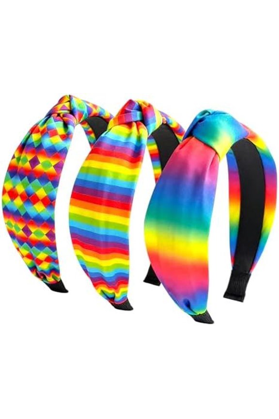 3 Pack Rainbow Knotted Headbands for Women, Pride Headband LGBTQ Wide Headband Colorful Stripe/Checkered/Gradient Turban Headbands, Hair Accessories for Pride Month Parade, Party, Daily Wear